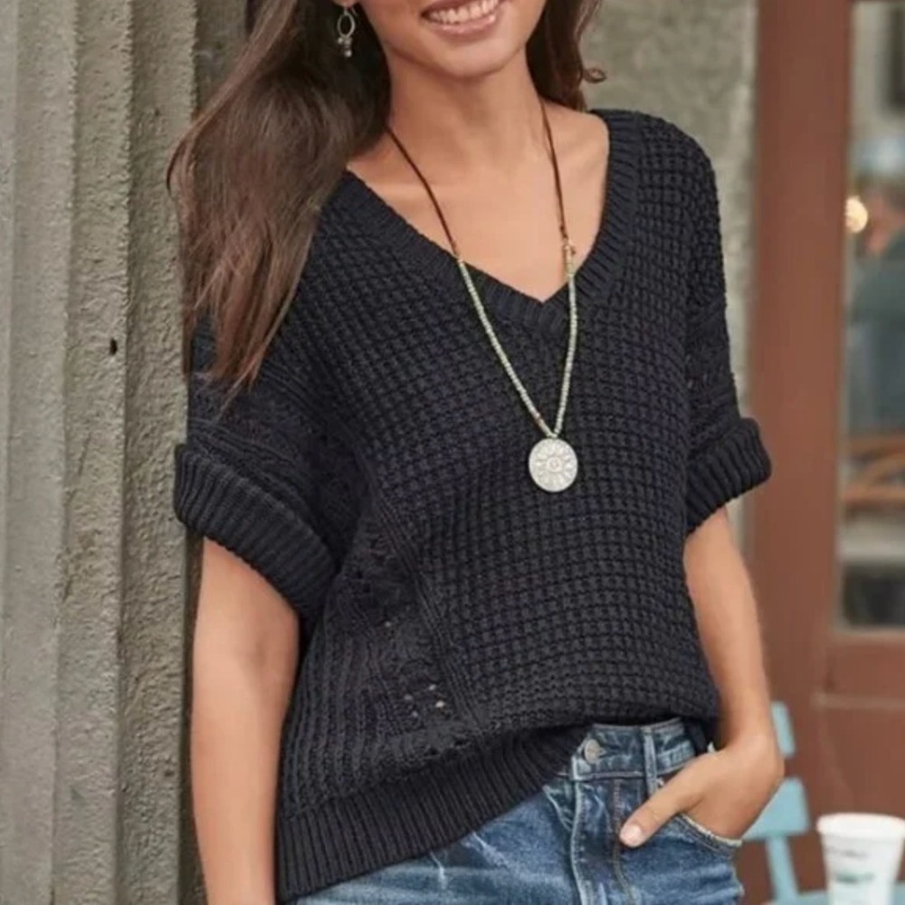 Sundance V Neck Knit Top Short‎ Sleeve Open Stitch Cotton Blend Gray